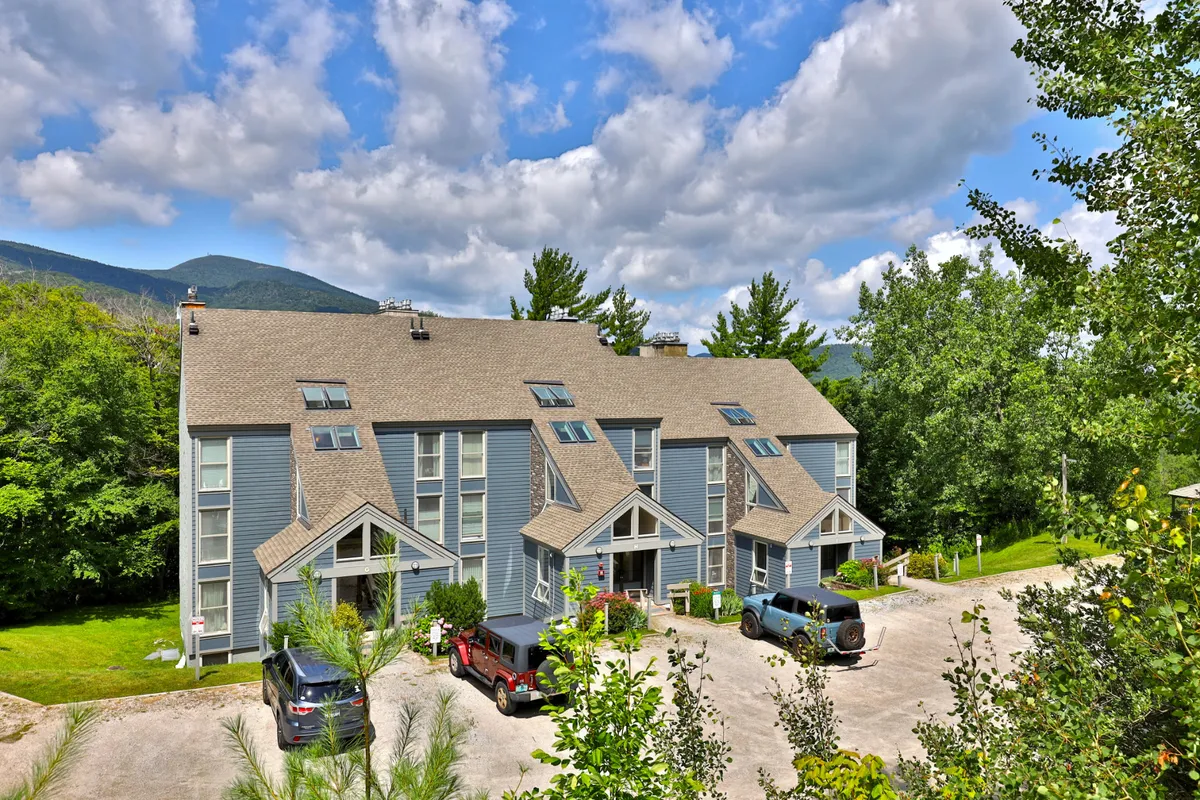 A wide-angle exterior image of the condo's modern facade, framed by thriving greenery and a bright blue sky. The scene suggests space for outdoor gatherings and the promise of enjoying the mountain air and sunsets from the patio area.