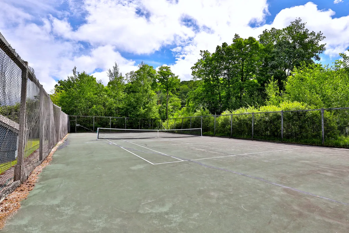 This image features an outdoor tennis court surrounded by lush greenery, with a clear view of the net and inviting open space. The vibrant setting suggests active recreation and summertime enjoyment, ideal for friendly matches or group activities.