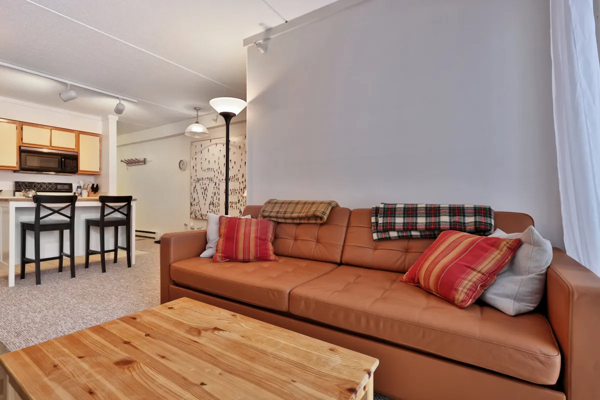 The living area features a comfortable leather sofa (potentially a sofa bed), a wooden coffee table, and a glimpse into the adjacent kitchen. The space exudes warmth and invites relaxation or socializing, supporting the idea of a living space that converts for additional guests.